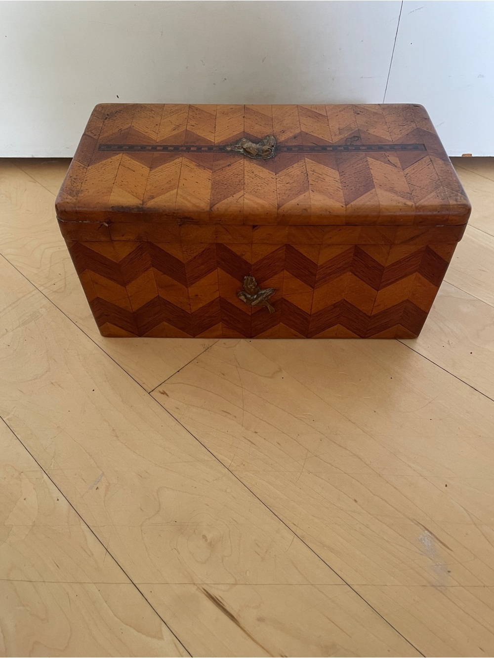 Handmade Antique Wooden Box With Geometric Herringbone Chevron Parquetry Inlay